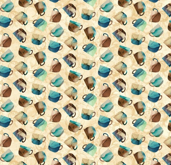 Barista Cups Ochre by Deborah Edwards & Melanie Samra for Northcott Fabrics