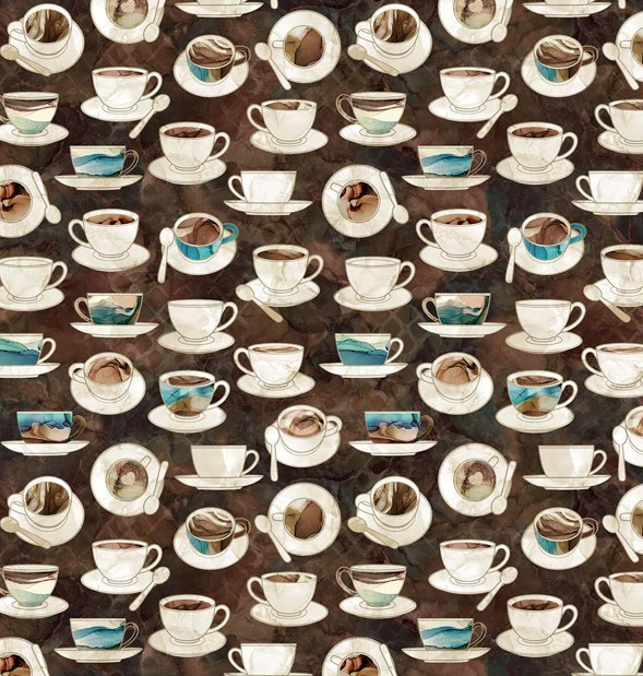 Barista Cups and Saucers Brown by Deborah Edwards & Melanie Samra for Northcott Fabrics