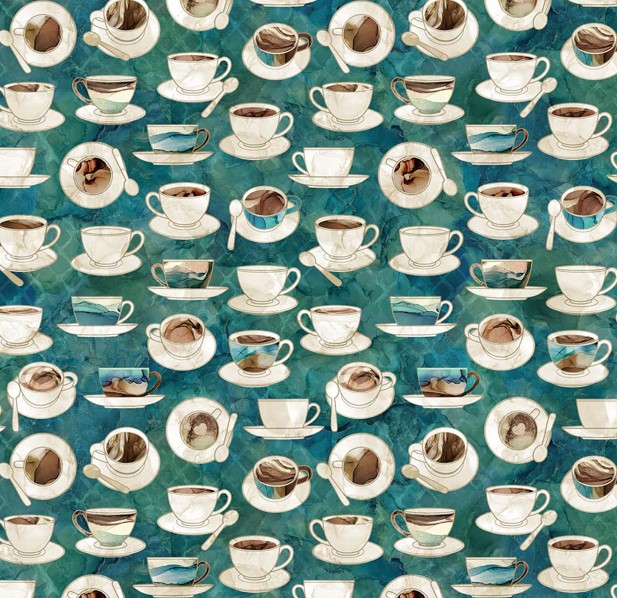 Barista Cups and Saucers Dark Teal by Deborah Edwards & Melanie Samra for Northcott Fabrics