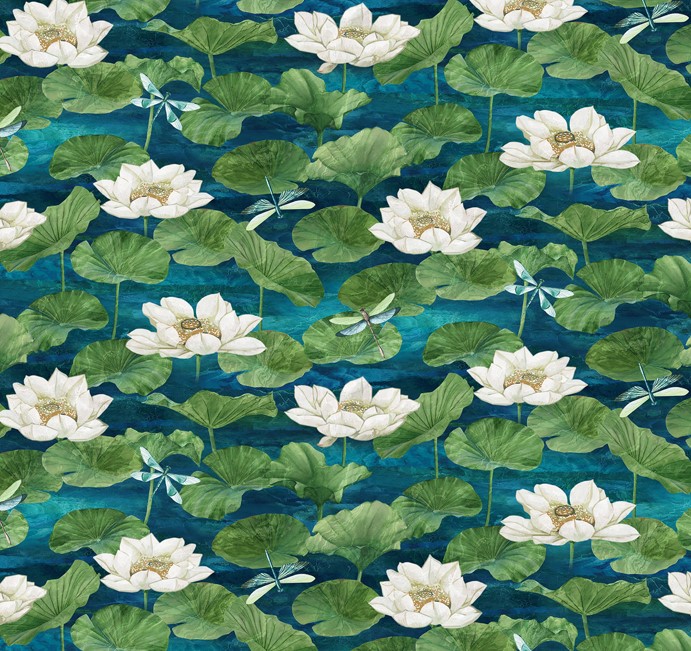 Tranquil Waters Water Lilies Dark Blue by Deborah Edwards for Northcott Fabrics