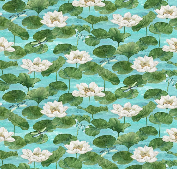 Tranquil Waters Water Lilies Turquoise by Deborah Edwards for Northcott Fabrics