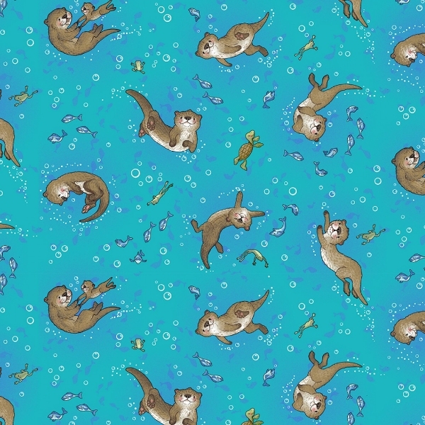 River Romp Underwater Otters Teal by Sharon Kuplack for Henry Glass