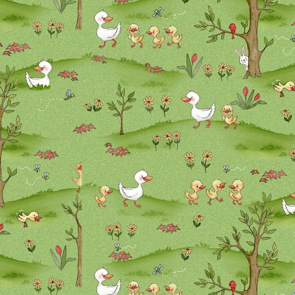 River Romp Ducks in the Meadow Green by Sharon Kuplack for Henry Glass