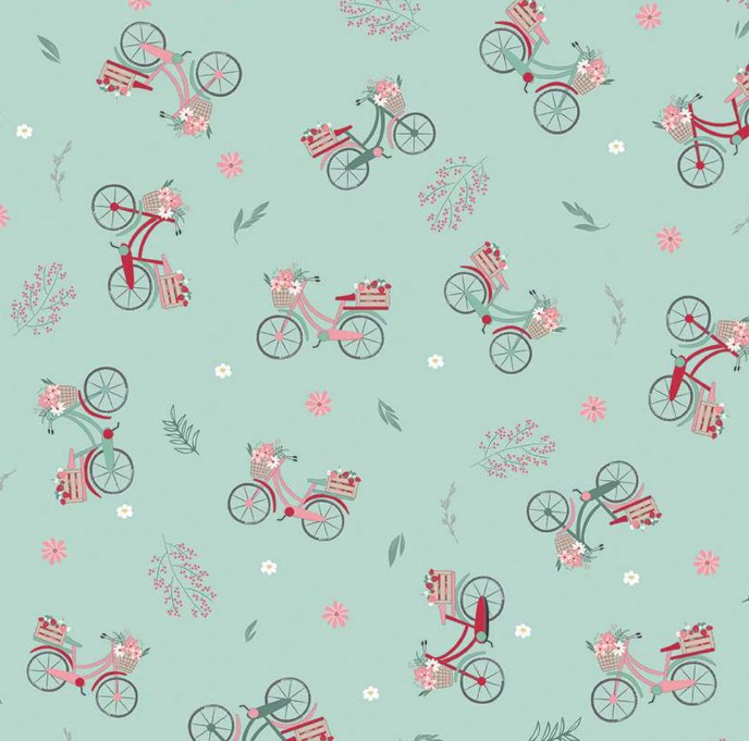 Berry Market Bicycles Mint by Beverly McCullough for Riley Blake Designs