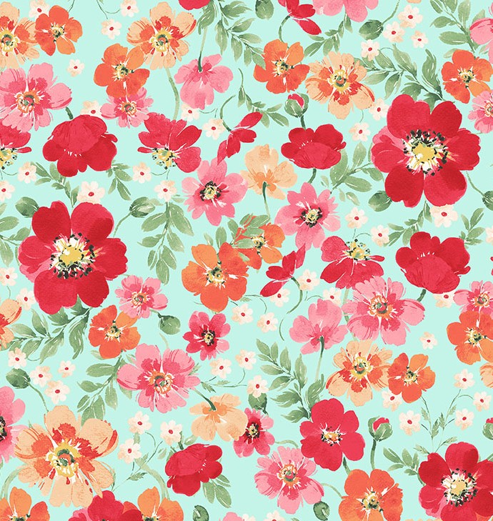 Berry Sweet Packed Poppies Light Aqua by Heatherlee Chan for Clothworks