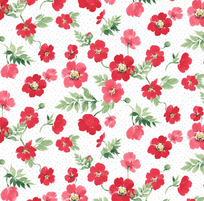 Berry Sweet Digital Tossed Poppies White by Heatherlee Chan for Clothworks