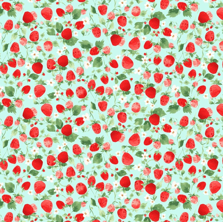 Berry Sweet Viney Strawberries Light Aqua by Heatherlee Chan for Clothworks