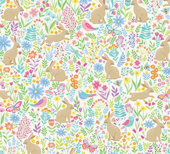 Hello Spring Bunny Meadow Cream by Makower UK for Andover Fabrics