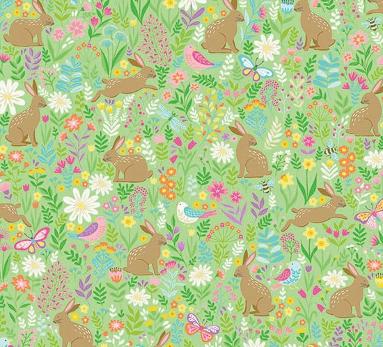 Hello Spring Bunny Meadow Green by Makower UK for Andover Fabrics
