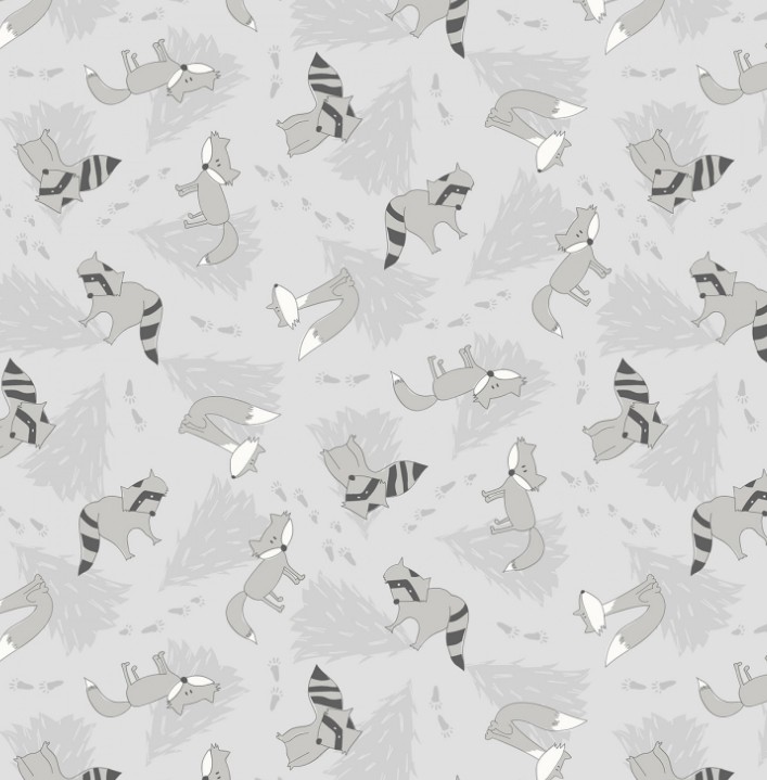 Into The Woodlands Racoons & Foxes Tossed Gray by Deane Beesley for Wilmington Prints