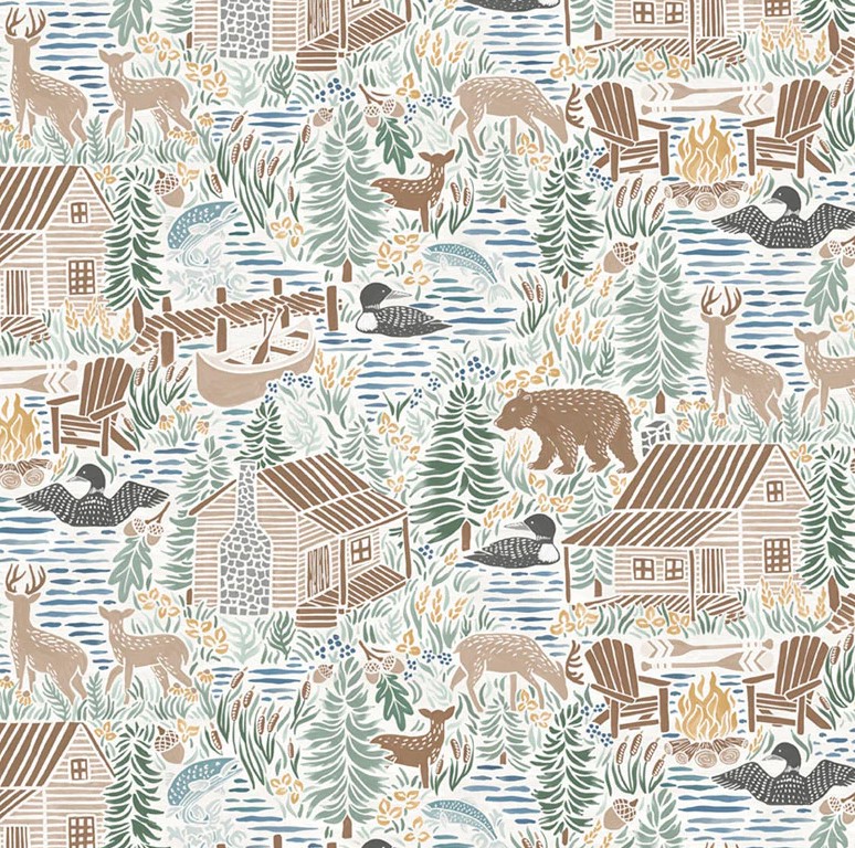 Lakeside Days Scenic Allover White by Laura Marshall for P&B Textiles