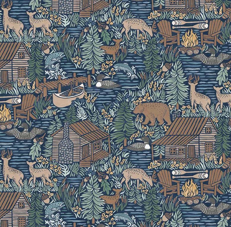 Lakeside Days Scenic Allover Navy by Laura Marshall for P&B Textiles