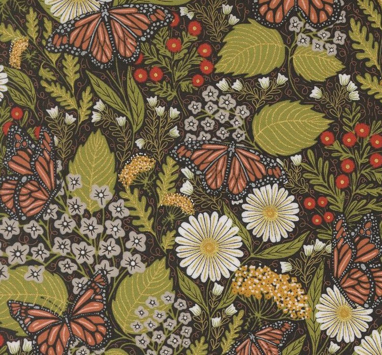 Bee Garden Butterfly Florals Metallic Black by Gingiber for Moda Fabrics
