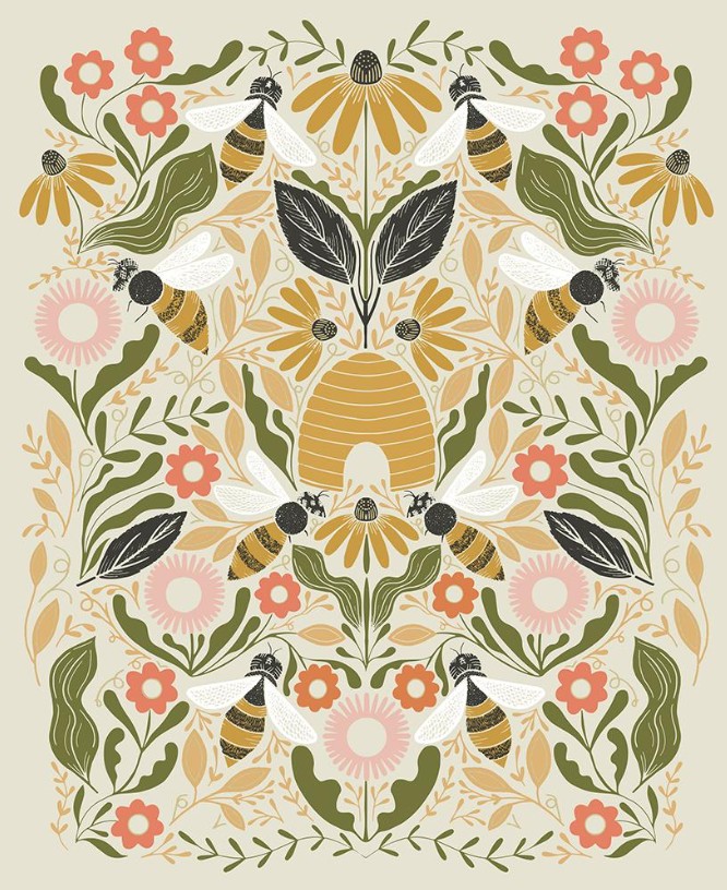 Bee Garden Panel Metallic Porcelain Panel by Gingiber for Moda Fabrics