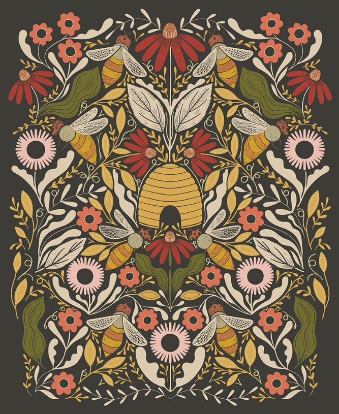 Bee Garden Panel Metallic Black by Gingiber for Moda Fabrics