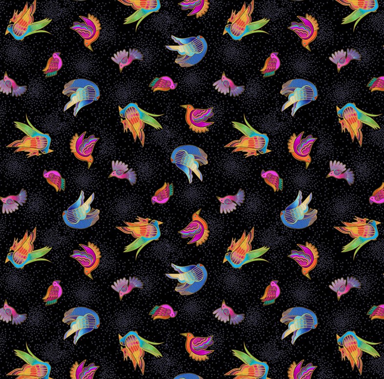 Fantasticats Digital Birds Black by Laurel Burch for Clothworks