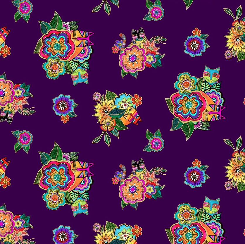 Fantasticats Digital Hidden Cats Dark Purple Metallic by Laurel Burch for Clothworks