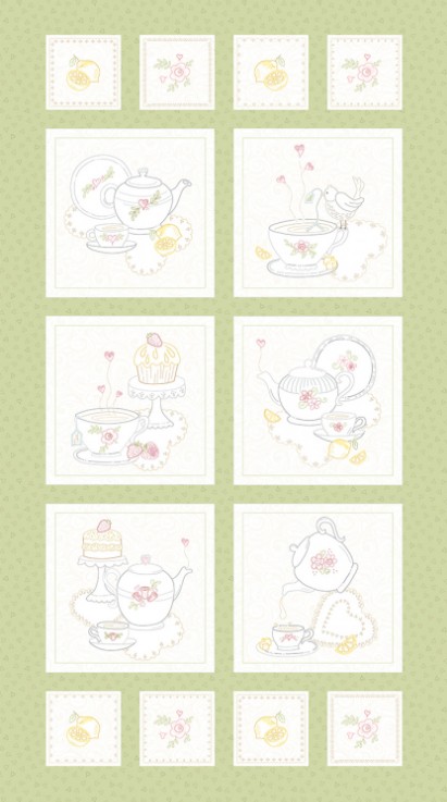 Tea for Two Block Green Panel by Cindy Staub for Marcus Fabrics