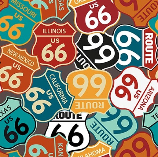 Cruisin' The Open Road Route 66 Signs Turquoise by Urban Essence Designs for Blank Quilting