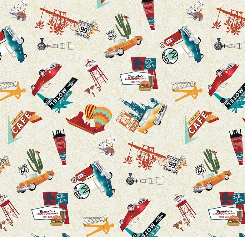 Cruisin' The Open Road Route 66 Icons Ivory by Urban Essence Designs for Blank Quilting