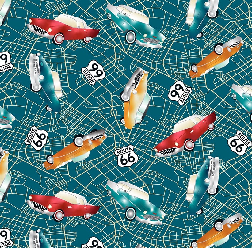 Cruisin' The Open Road Retro Cars Teal by Urban Essence Designs for Blank Quilting