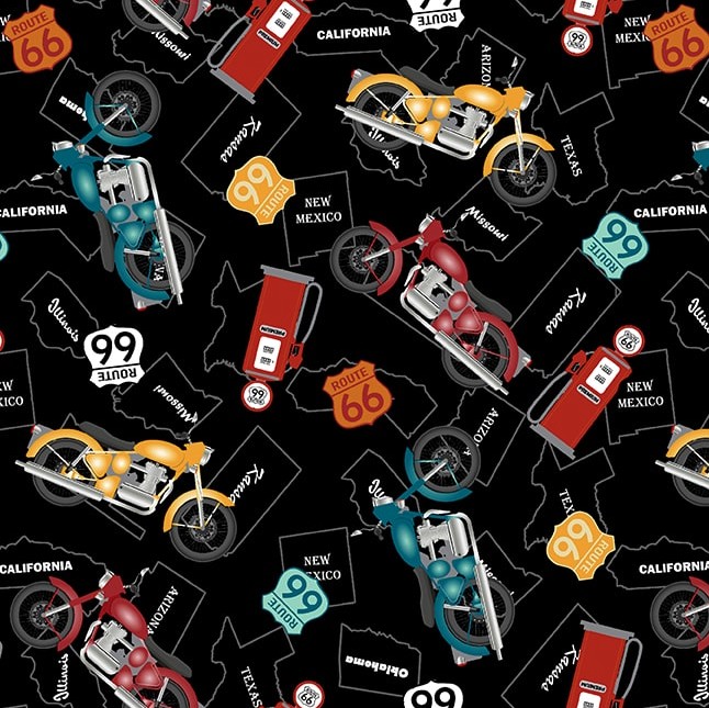 Cruisin' The Open Road Motorcycles Black by Urban Essence Designs for Blank Quilting