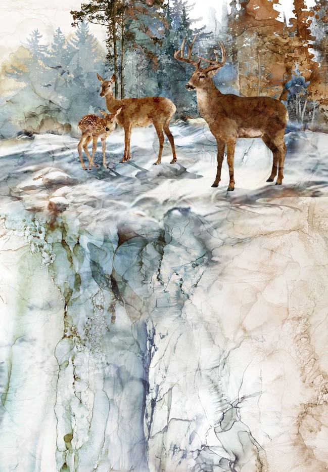 Highland View Deer Panel White by Deborah Edwards & Melanie Samra for Northcott Fabrics