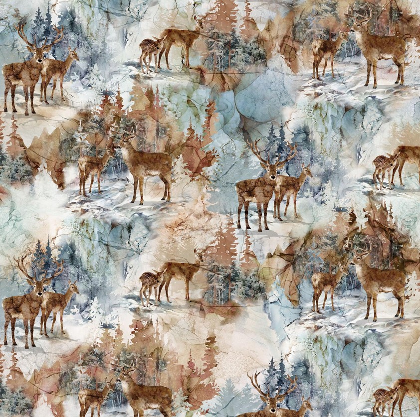 Highland View Deer White by Deborah Edwards & Melanie Samra for Northcott Fabrics