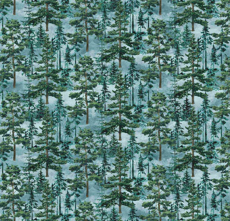 Stonehenge Eagle Pass Packed Trees Blue by Linda Ludovico for Northcott Fabrics