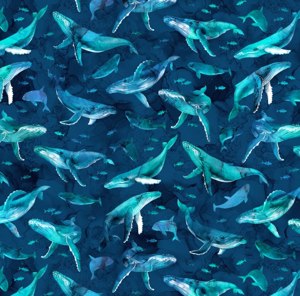 Deep Blue Multi Whales by Deborah Edwards & Melanie Samra for Northcott Fabrics