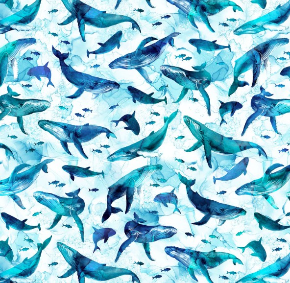 Deep Blue Multi Whales LB by Deborah Edwards & Melanie Samra for Northcott Fabrics