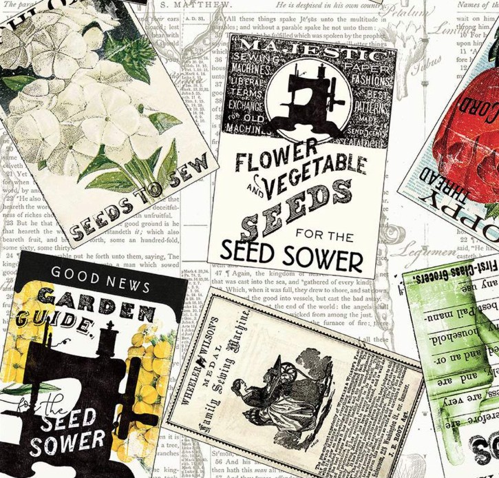 Sewing Seeds III Seed Packs Toss White by J. Wecker Frisch for Riley Blake Designs