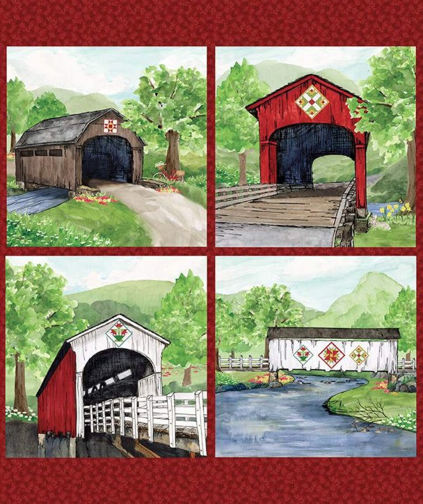 Covered Bridges in Spring Covered Bridges Pillow Panel by Tara Reed for Riley Blake Designs