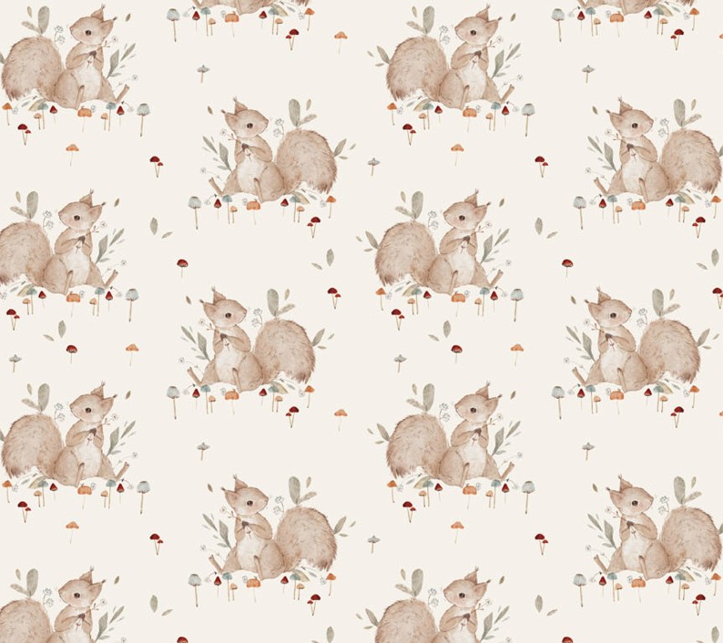 Charmwood Squirrels Cream by Bernadett Urbanovics for Figo Fabrics