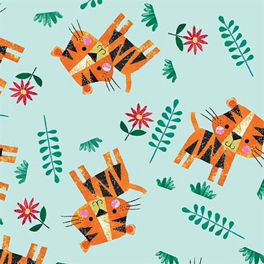 Zoo Crew Tossed Tigers Soft Blue by Lindsey Sagar for Blank Quilting