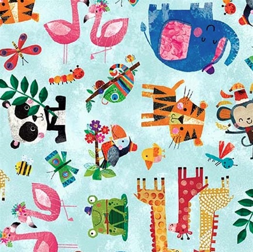 Zoo Crew Characters All Over Soft Blue by Lindsey Sagar for Blank Quilting