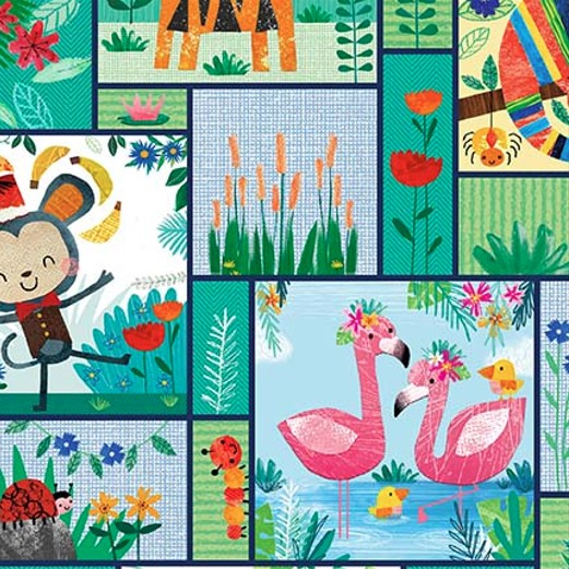 Zoo Crew Patchwork Teal by Lindsey Sagar for Blank Quilting