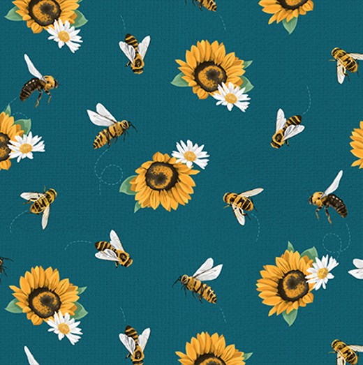 Love Never Fails Sunflowers and Bees Dark Teal by Lucca Sheppard for Blank Quilting