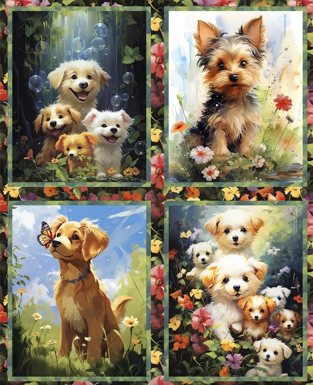 Fur-Ever Friends Puppy Panel by Momart for 3 Wishes Fabric