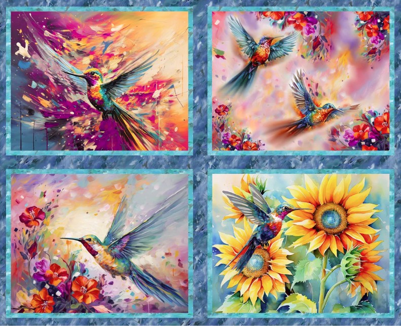 Hummingbird Bouquet Hummingbird Panel by Shawna Stewart for 3 Wishes Fabrics
