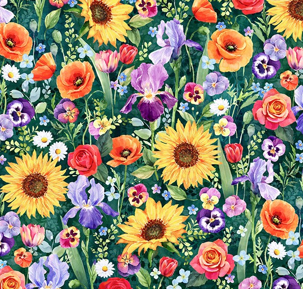 Flower Shoppe Packed Flowers Emerald from Hoffman Fabrics