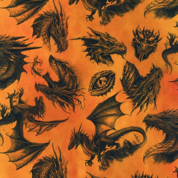 Dragons Emerald Reign Etching Orange from In the Beginning Fabrics