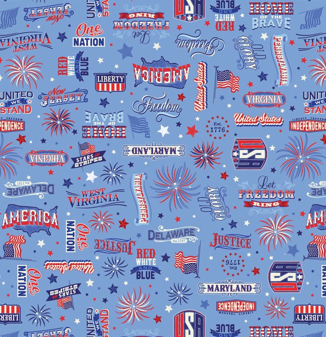 Mid-Atlantic Shop Hop 2025 Patriotic Words Medium Blue from Benartex