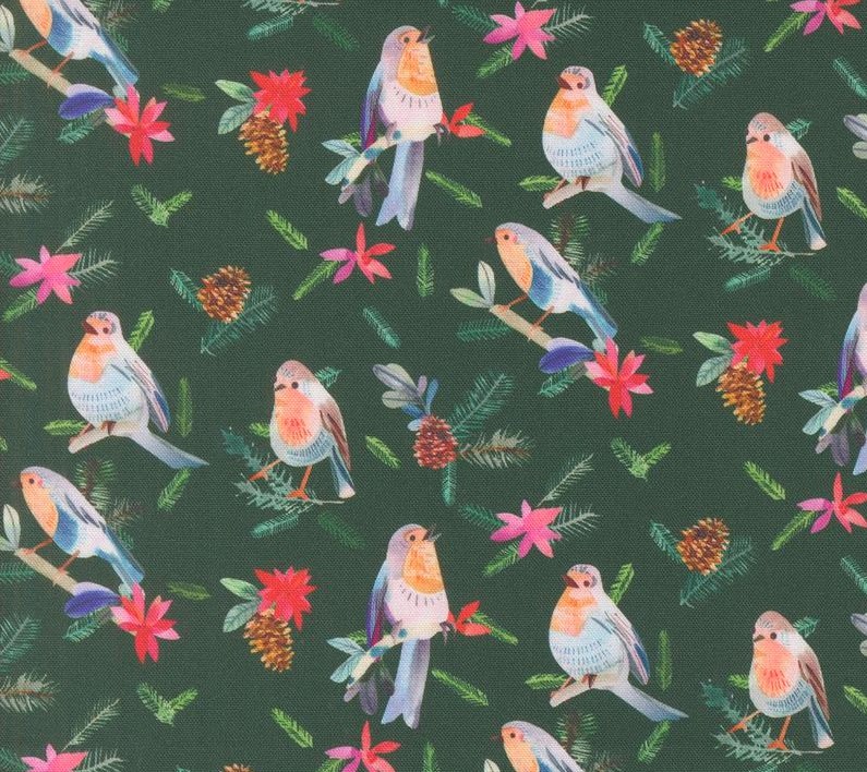 Love and Cheer Robins with Pinecones Evergreen by Amarilys Henderson for Moda Fabrics