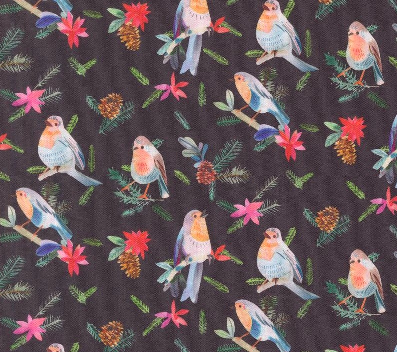 Love and Cheer Robins with Pinecones Coal by Amarilys Henderson for Moda Fabrics