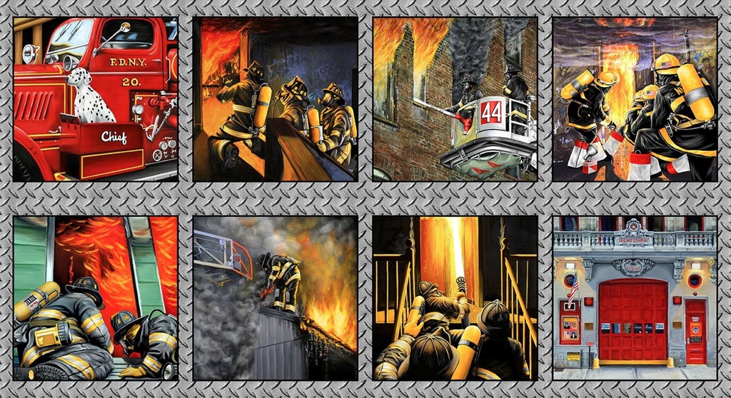 Fire Alarm Firefighter Blocks Gray Panel by Paul Walsh for Blank Quilting