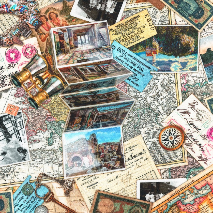 Vintage Voyage Maps and Postcards Vintage by Aimee Stewart for Robert Kaufman Fabrics