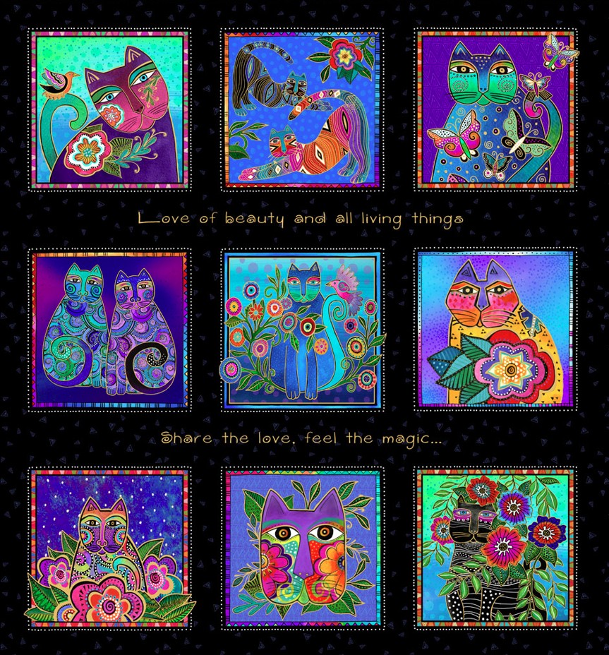 Fantasticats Digital Blocks Black Metallic Panel by Laurel Burch for Clothworks