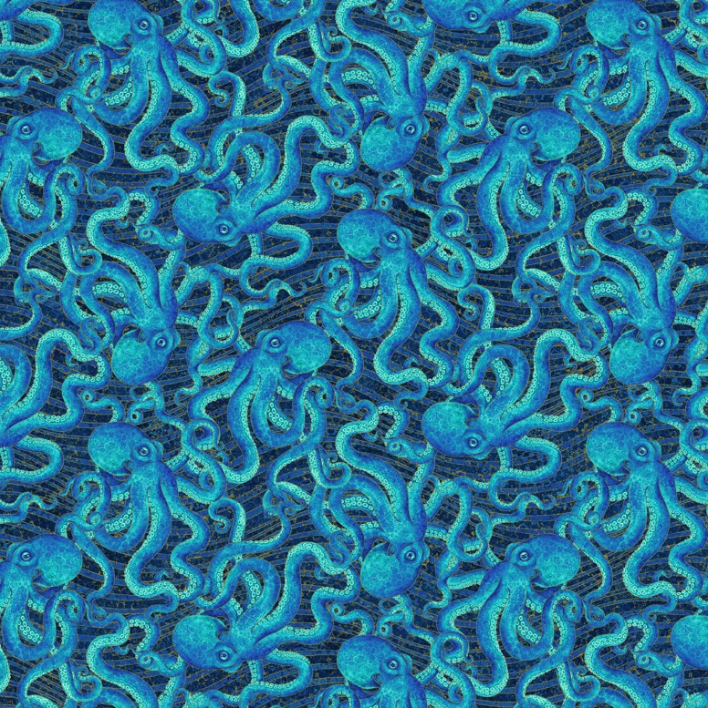 Shimmer Enigma Octopus Dark Blue by Deborah Edwards for Northcott Fabrics
