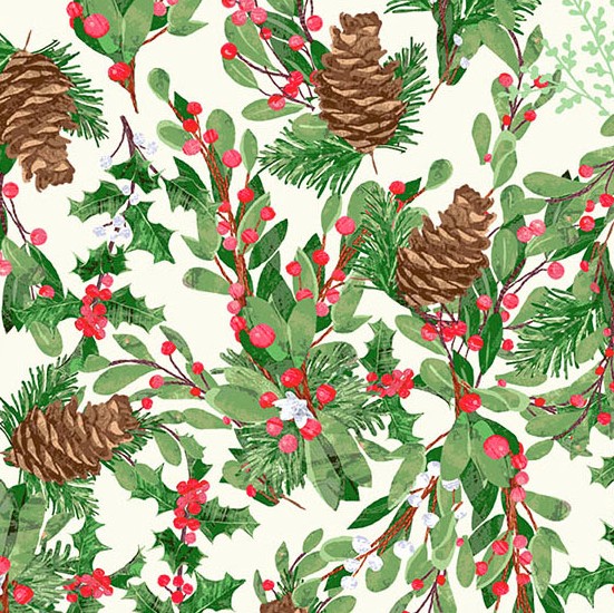 Snowbirds Winter Greenery Dawn by Two Can Art for Andover Fabrics